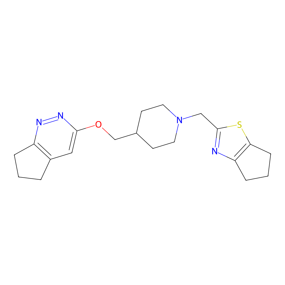 4-({5H,6H,7H-cyclopenta[c]pyridazin-3-yloxy}methyl)-1-({4H,5H,6H-cyclopenta[d][1,3]thiazol-2-yl}methyl)piperidine molecular structure, CAS 2320376-56-3