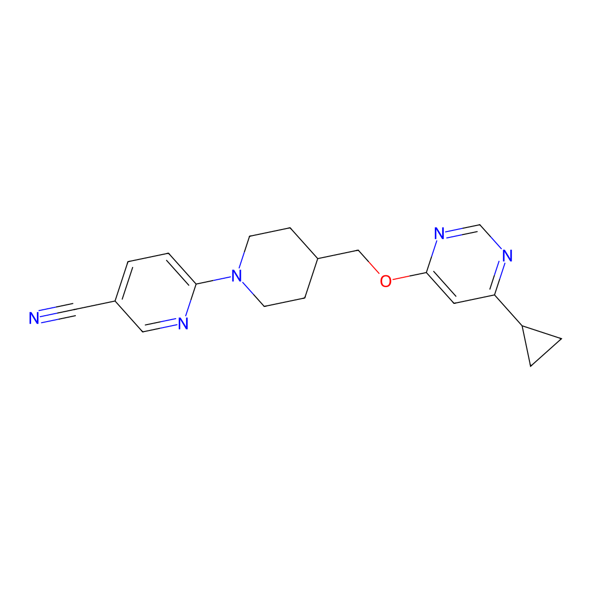 6-(4-(((6-Cyclopropylpyrimidin-4-yl)oxy)methyl)piperidin-1-yl)nicotinonitrile molecular structure, CAS 2320376-59-6