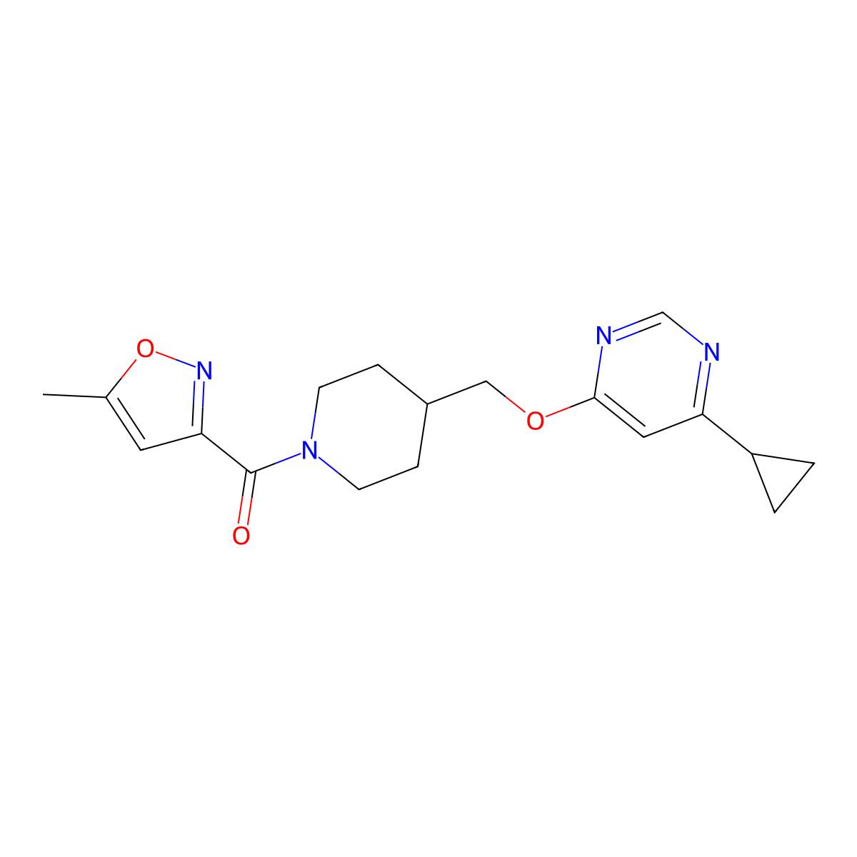 4-Cyclopropyl-6-{[1-(5-methyl-1,2-oxazole-3-carbonyl)piperidin-4-yl]methoxy}pyrimidine molecular structure, CAS 2320376-70-1