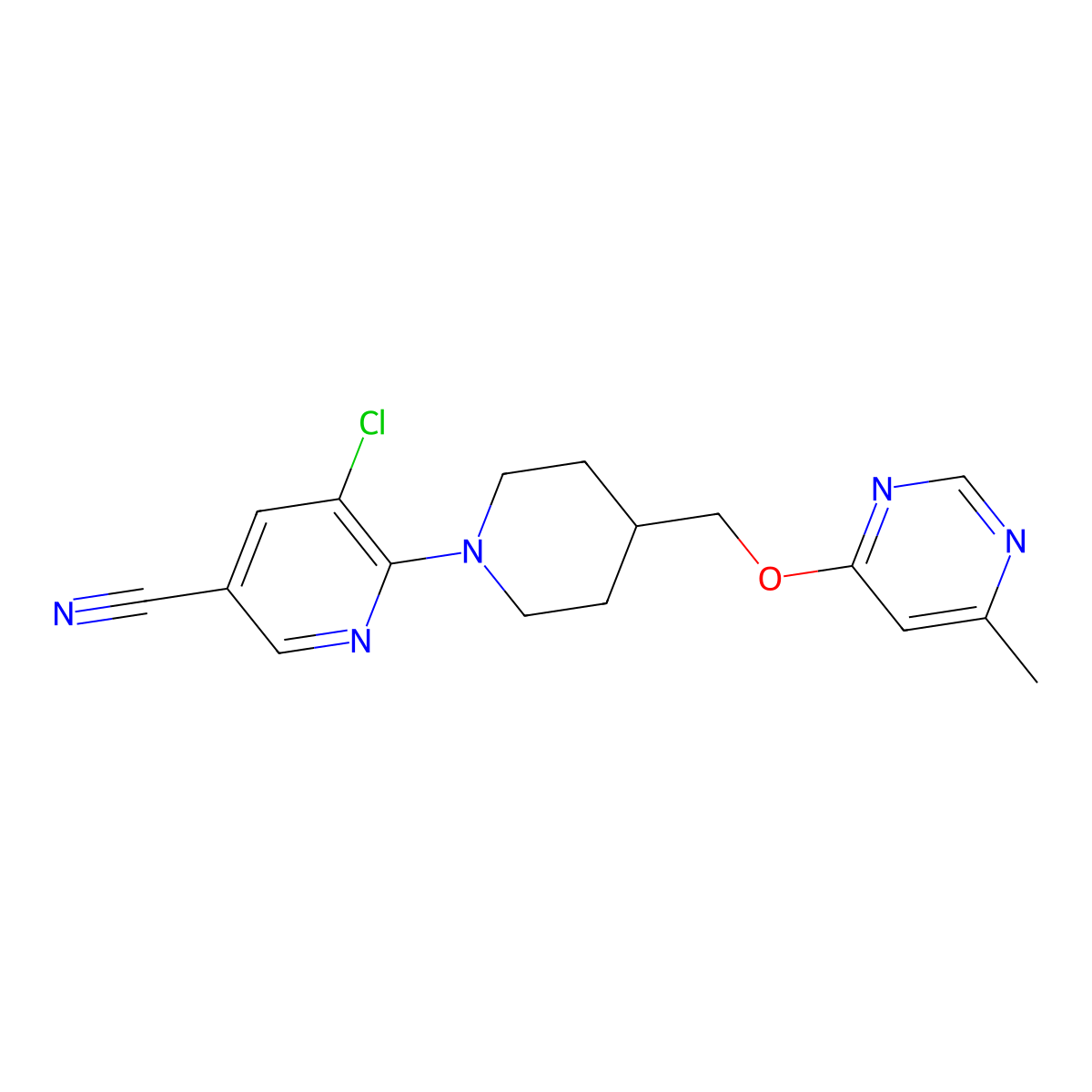 5-Chloro-6-(4-{[(6-methylpyrimidin-4-yl)oxy]methyl}piperidin-1-yl)pyridine-3-carbonitrile molecular structure, CAS 2320376-83-6
