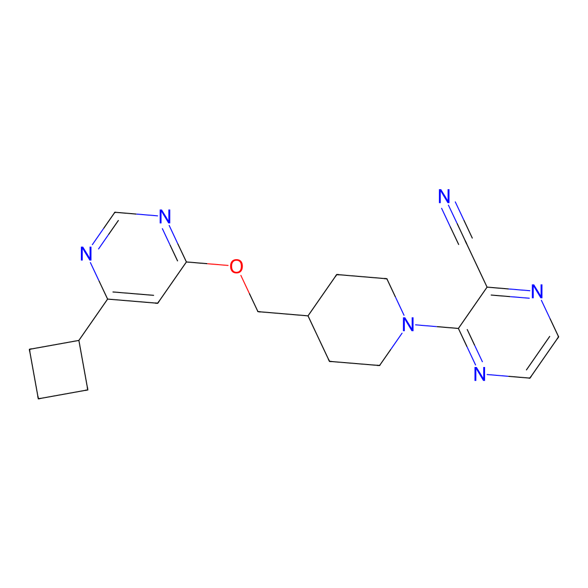 3-(4-(((6-Cyclobutylpyrimidin-4-yl)oxy)methyl)piperidin-1-yl)pyrazine-2-carbonitrile molecular structure, CAS 2320377-42-0