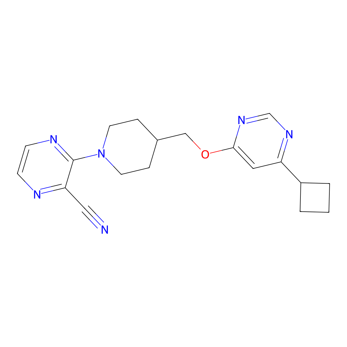 3-(4-(((6-Cyclobutylpyrimidin-4-yl)oxy)methyl)piperidin-1-yl)pyrazine-2-carbonitrile molecular structure, CAS 2320377-42-0