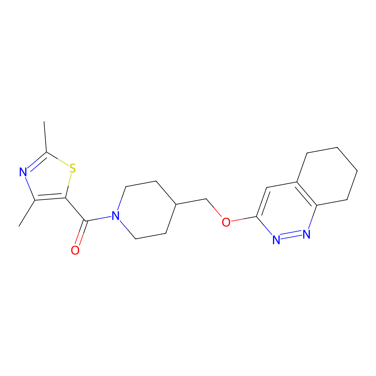 (2,4-Dimethylthiazol-5-yl)(4-(((5,6,7,8-tetrahydrocinnolin-3-yl)oxy)methyl)piperidin-1-yl)methanone molecular structure, CAS 2320378-37-6