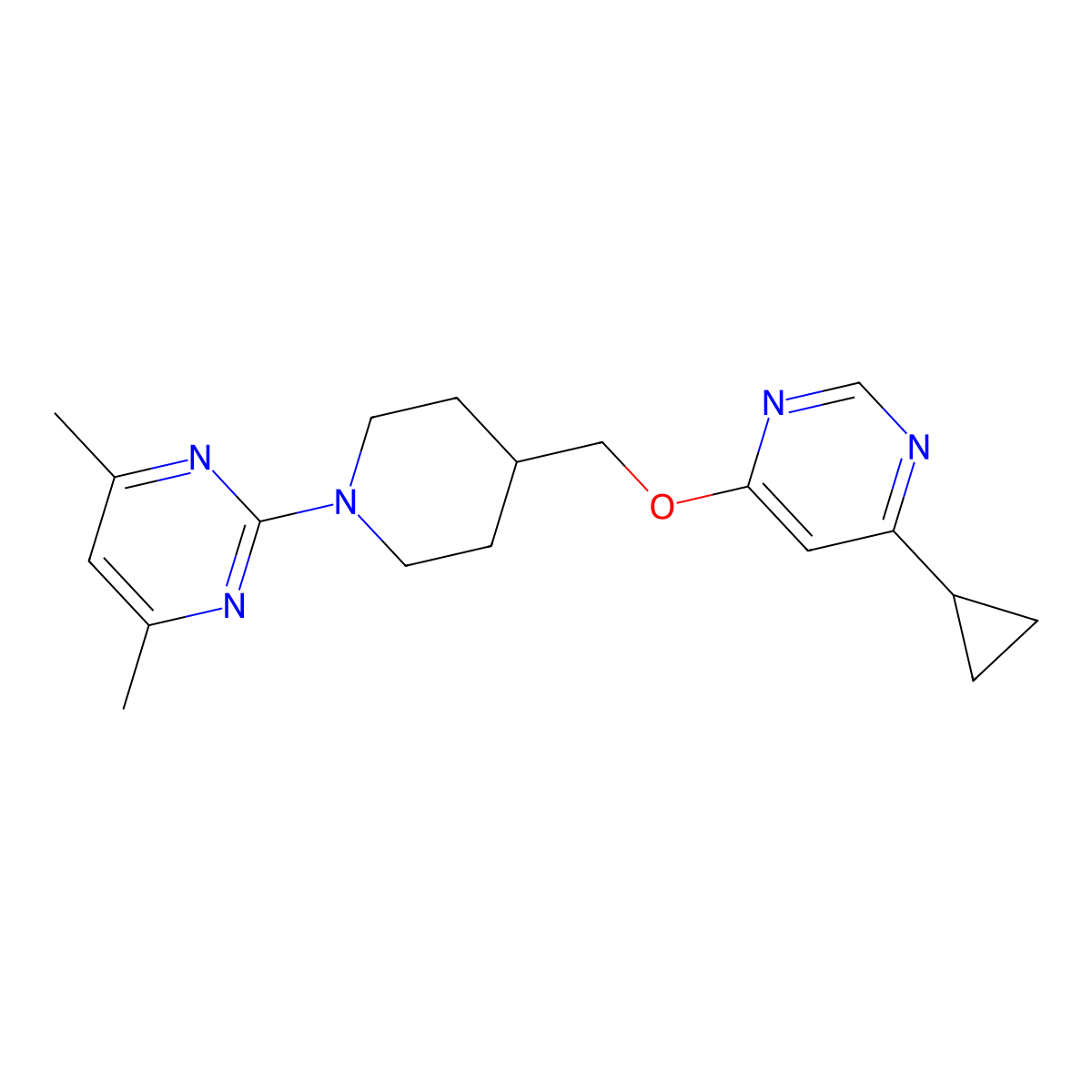 2-(4-(((6-Cyclopropylpyrimidin-4-yl)oxy)methyl)piperidin-1-yl)-4,6-dimethylpyrimidine molecular structure, CAS 2320379-04-0
