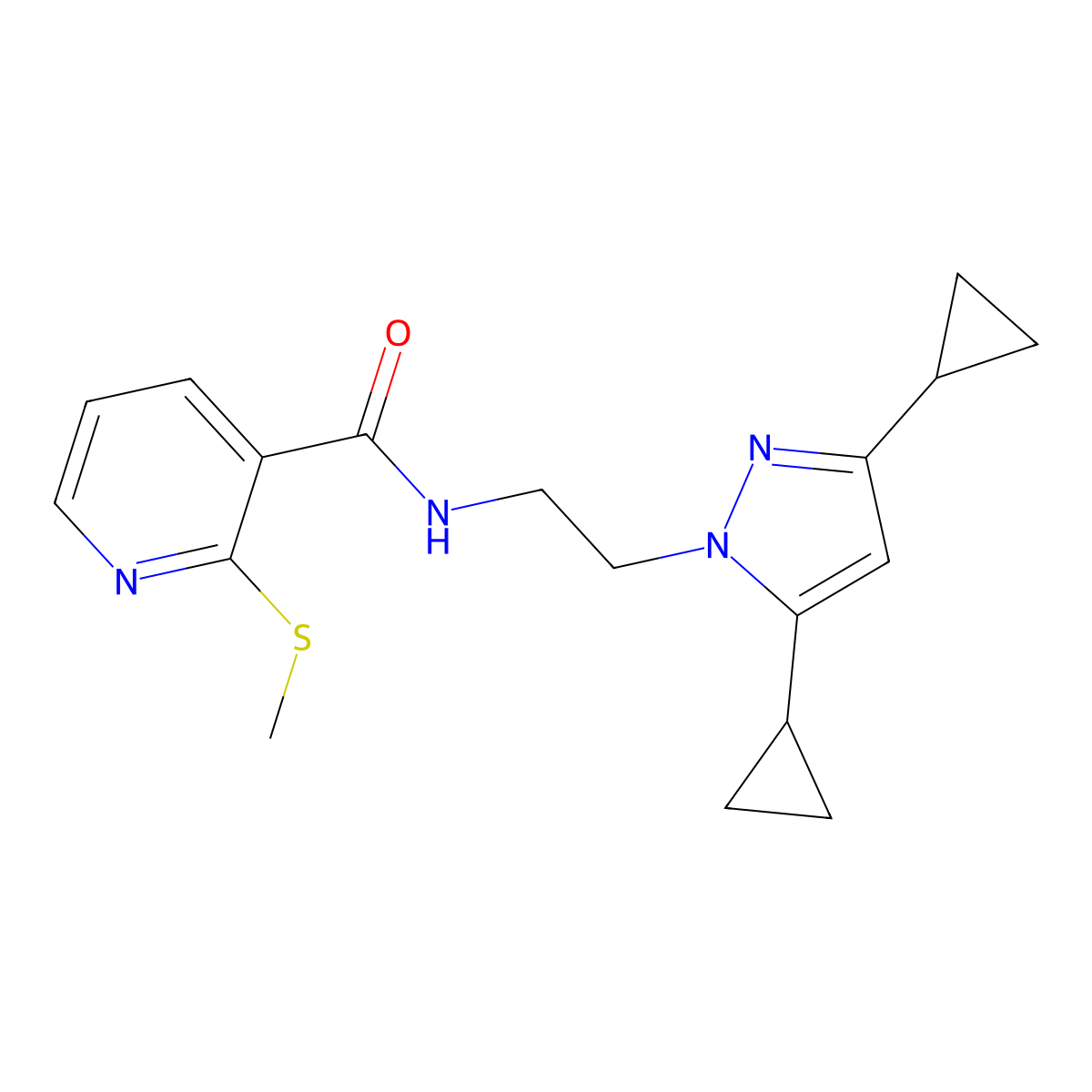 N-(2-(3,5-dicyclopropyl-1H-pyrazol-1-yl)ethyl)-2-(methylthio)nicotinamide molecular structure, CAS 2320380-18-3