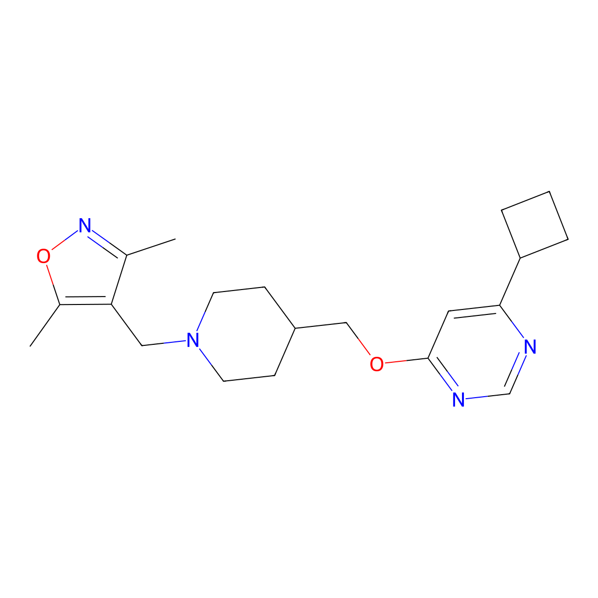 4-((4-(((6-Cyclobutylpyrimidin-4-yl)oxy)methyl)piperidin-1-yl)methyl)-3,5-dimethylisoxazole molecular structure, CAS 2320380-67-2