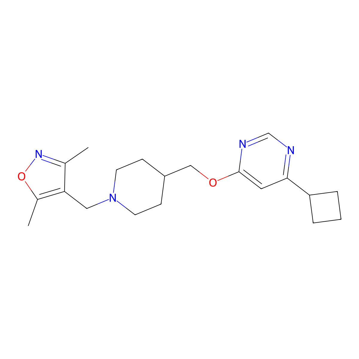 4-((4-(((6-Cyclobutylpyrimidin-4-yl)oxy)methyl)piperidin-1-yl)methyl)-3,5-dimethylisoxazole molecular structure, CAS 2320380-67-2
