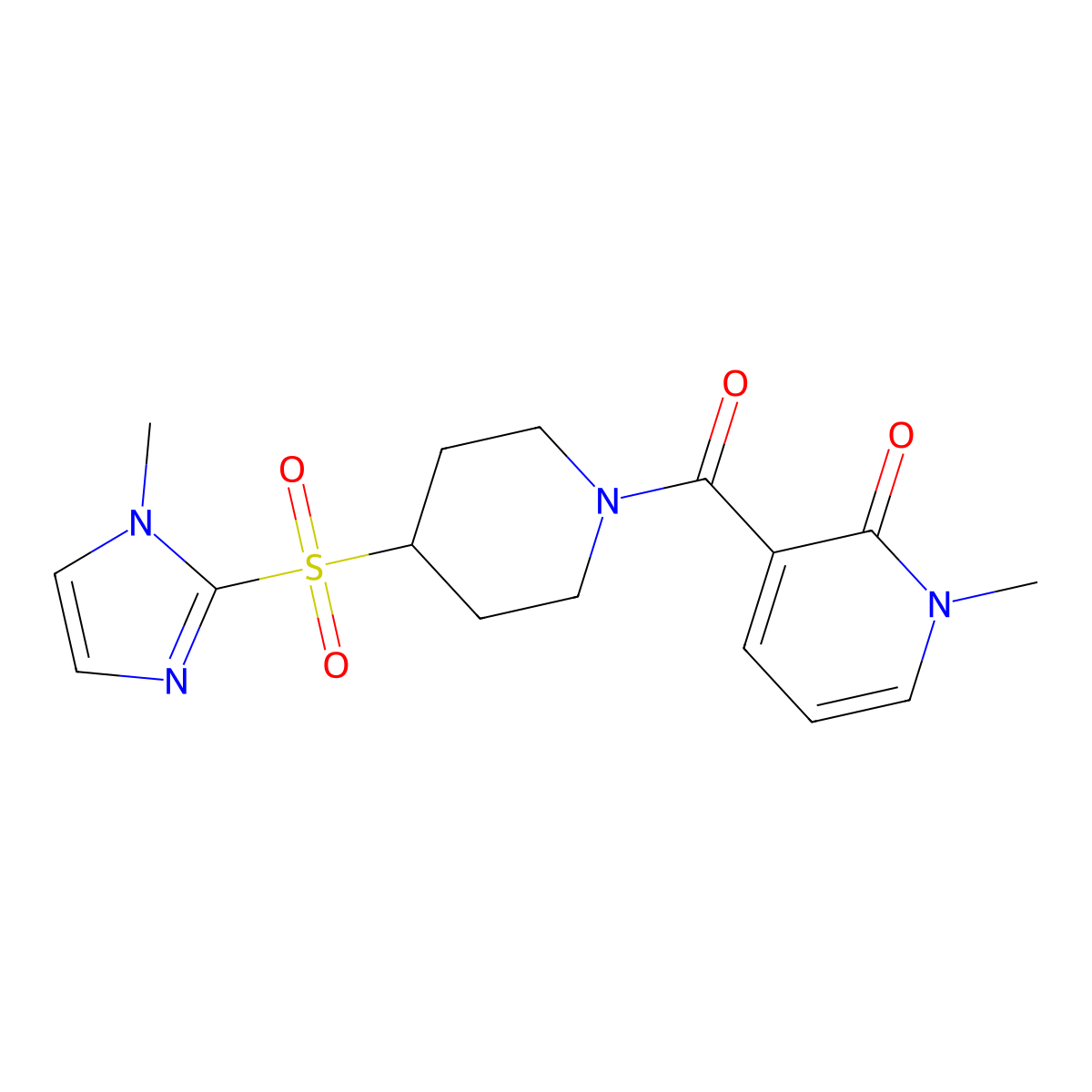 1-methyl-3-(4-((1-methyl-1H-imidazol-2-yl)sulfonyl)piperidine-1-carbonyl)pyridin-2(1H)-one molecular structure, CAS 2320380-74-1