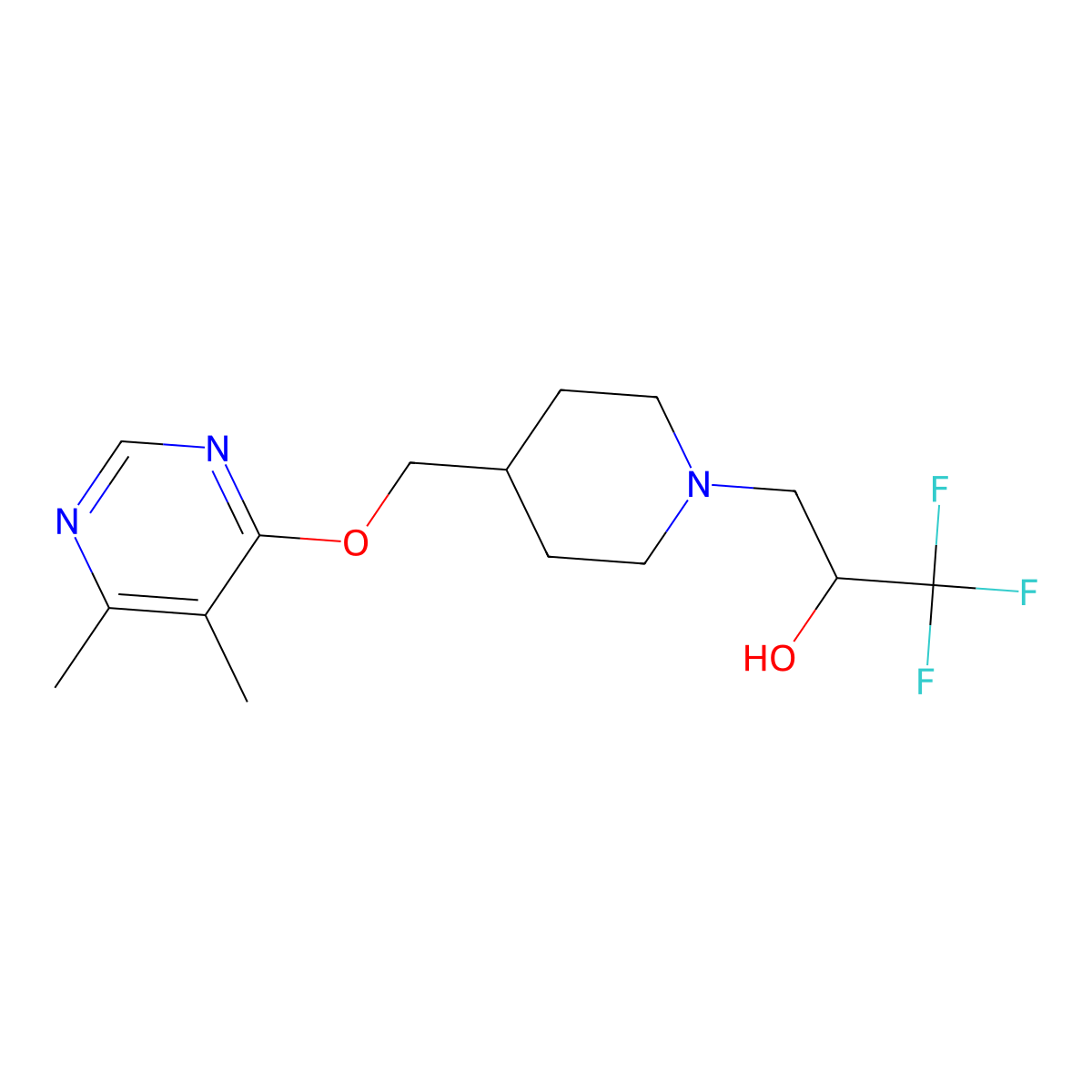 3-(4-{[(5,6-Dimethylpyrimidin-4-yl)oxy]methyl}piperidin-1-yl)-1,1,1-trifluoropropan-2-ol molecular structure, CAS 2320380-91-2