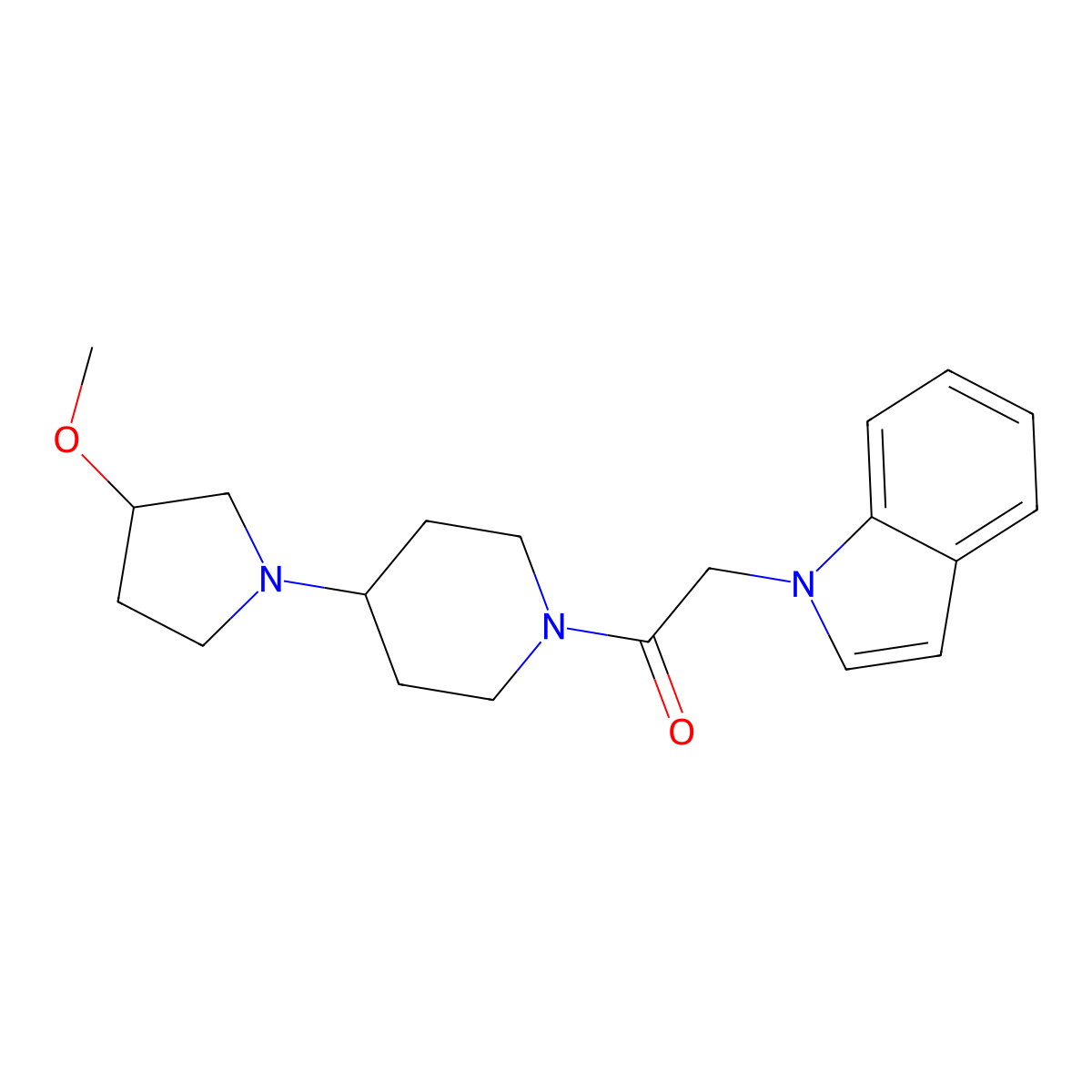 2-(1H-indol-1-yl)-1-[4-(3-methoxypyrrolidin-1-yl)piperidin-1-yl]ethan-1-one molecular structure, CAS 2320381-03-9