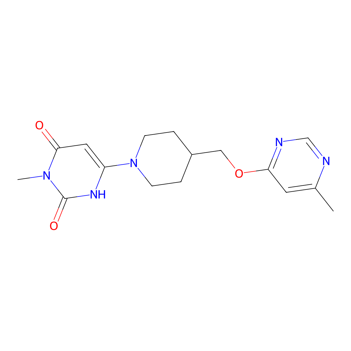 3-methyl-6-(4-(((6-methylpyrimidin-4-yl)oxy)methyl)piperidin-1-yl)pyrimidine-2,4(1H,3H)-dione molecular structure, CAS 2320382-47-4