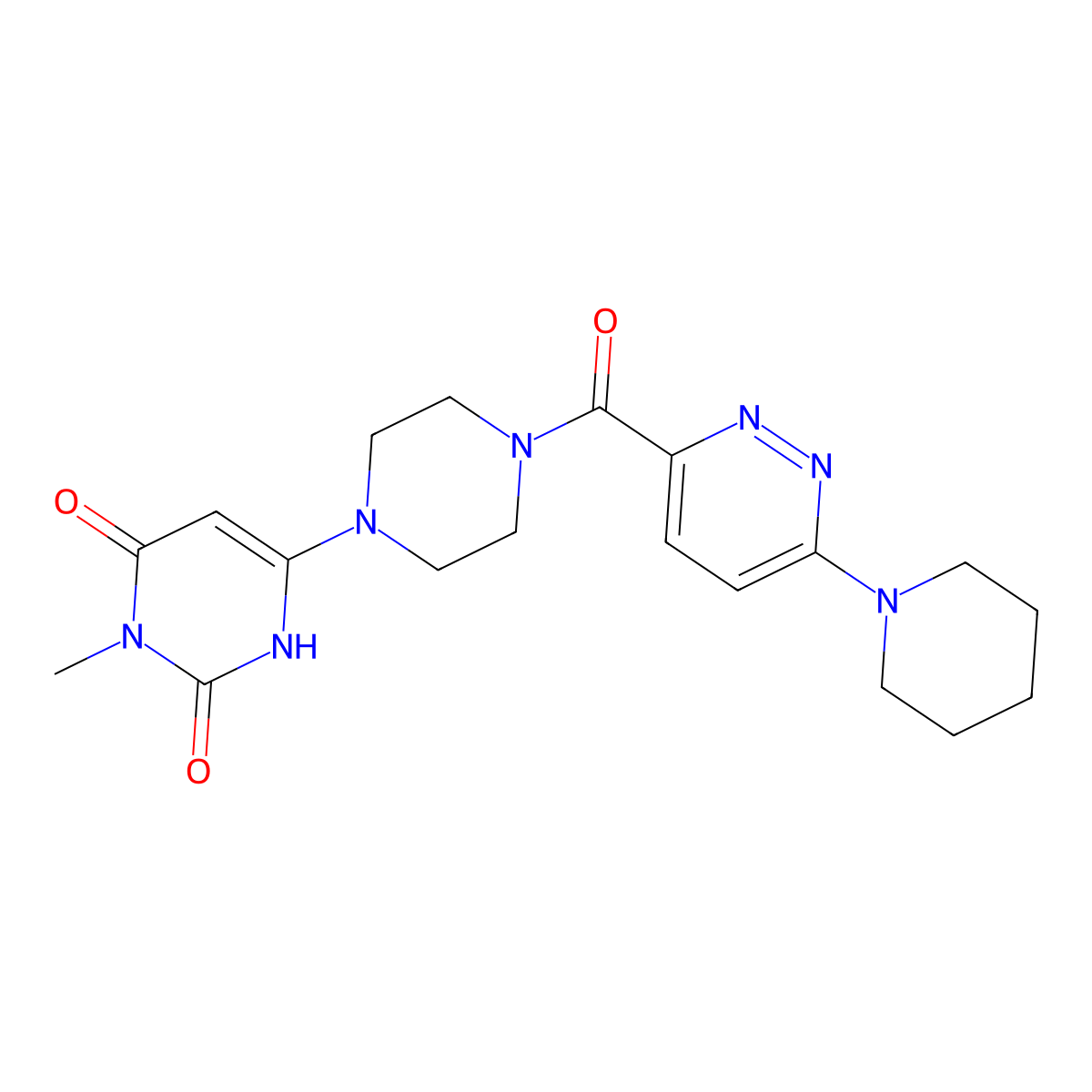 3-methyl-6-(4-(6-(piperidin-1-yl)pyridazine-3-carbonyl)piperazin-1-yl)pyrimidine-2,4(1H,3H)-dione molecular structure, CAS 2320382-66-7