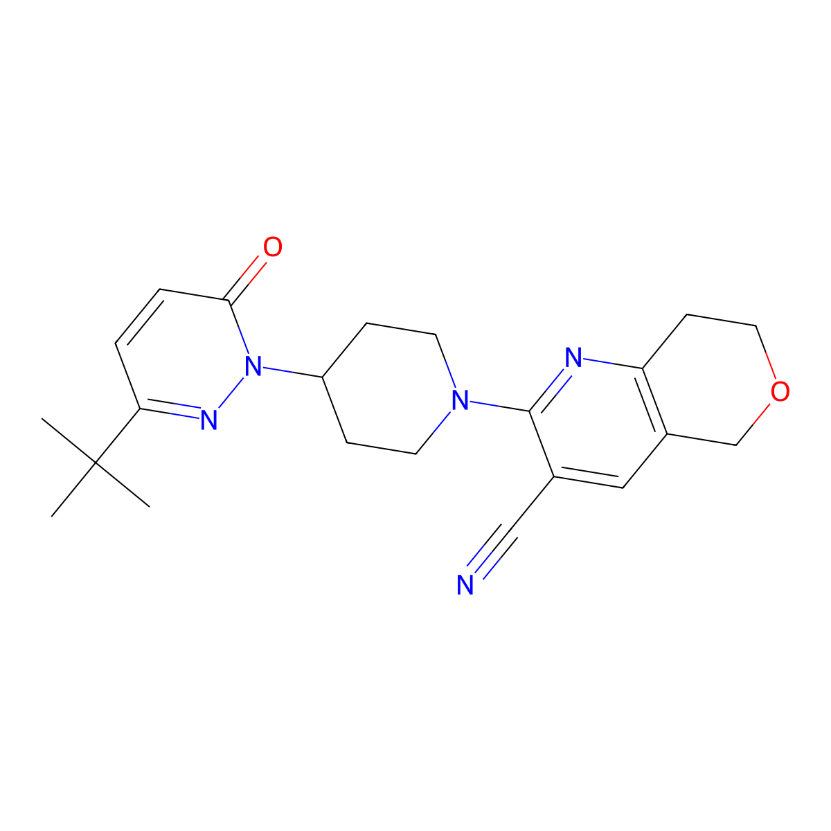 2-[4-(3-tert-butyl-6-oxo-1,6-dihydropyridazin-1-yl)piperidin-1-yl]-5H,7H,8H-pyrano[4,3-b]pyridine-3-carbonitrile molecular structure, CAS 2320382-86-1