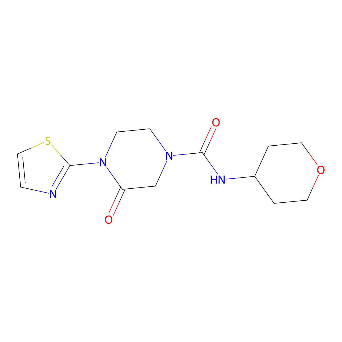 N-(oxan-4-yl)-3-oxo-4-(1,3-thiazol-2-yl)piperazine-1-carboxamide molecular structure, CAS 2320383-24-0