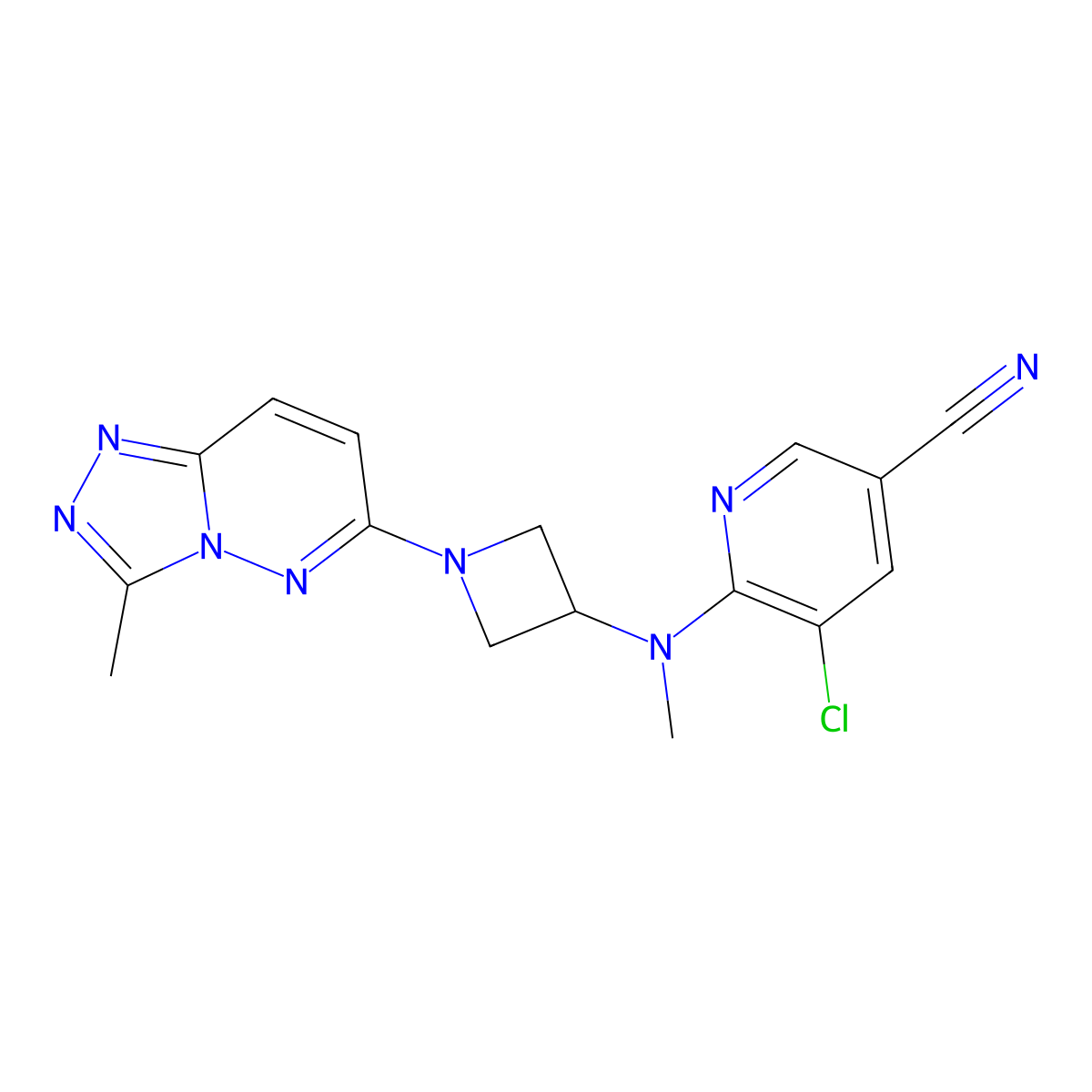 5-Chloro-6-(methyl(1-(3-methyl-[1,2,4]triazolo[4,3-b]pyridazin-6-yl)azetidin-3-yl)amino)nicotinonitrile molecular structure, CAS 2320415-21-0