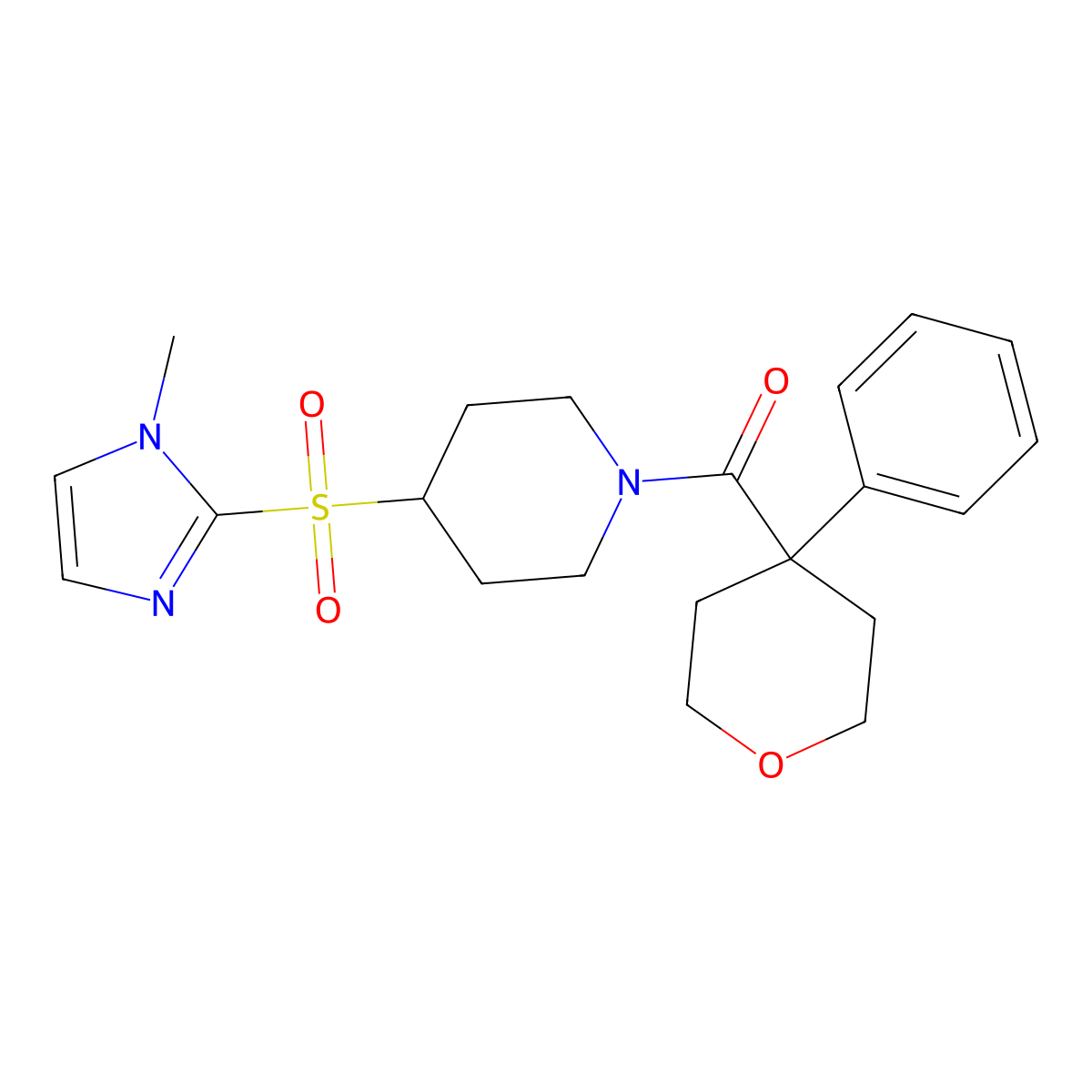 (4-((1-methyl-1H-imidazol-2-yl)sulfonyl)piperidin-1-yl)(4-phenyltetrahydro-2H-pyran-4-yl)methanone molecular structure, CAS 2320415-84-5