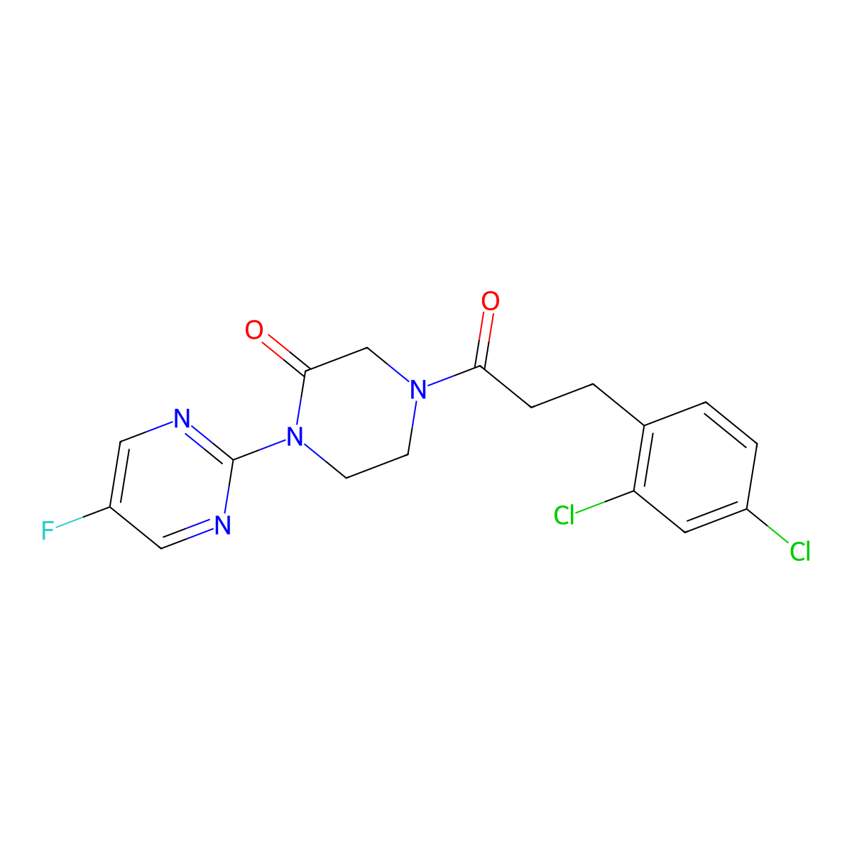 4-[3-(2,4-Dichlorophenyl)propanoyl]-1-(5-fluoropyrimidin-2-yl)piperazin-2-one molecular structure, CAS 2320415-91-4