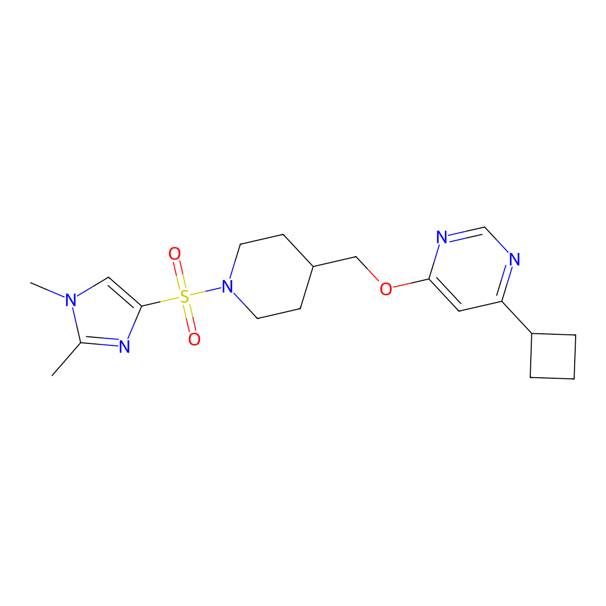 4-cyclobutyl-6-((1-((1,2-dimethyl-1H-imidazol-4-yl)sulfonyl)piperidin-4-yl)methoxy)pyrimidine molecular structure, CAS 2320416-22-4