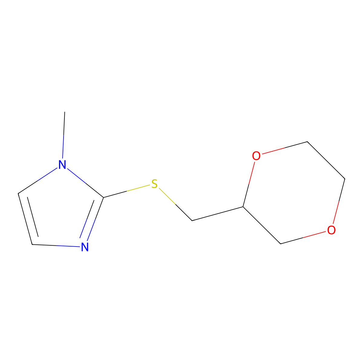2-{[(1,4-dioxan-2-yl)methyl]sulfanyl}-1-methyl-1H-imidazole molecular structure, CAS 2320418-47-9