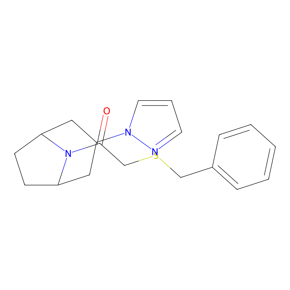 2-(benzylsulfanyl)-1-[3-(1H-pyrazol-1-yl)-8-azabicyclo[3.2.1]octan-8-yl]ethan-1-one molecular structure, CAS 2320418-87-7
