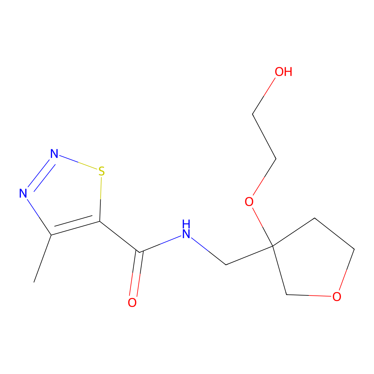 N-((3-(2-hydroxyethoxy)tetrahydrofuran-3-yl)methyl)-4-methyl-1,2,3-thiadiazole-5-carboxamide molecular structure, CAS 2320420-03-7