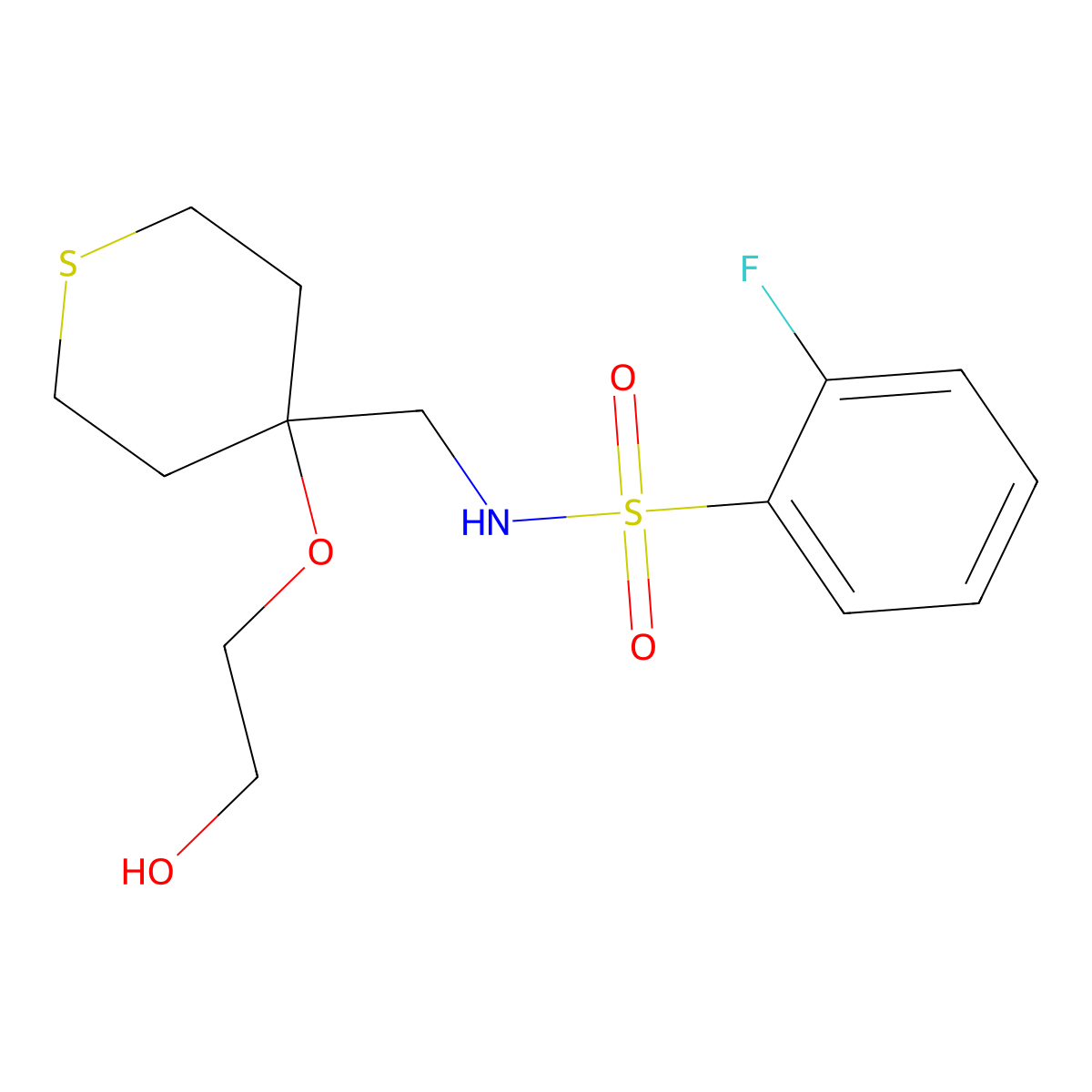 2-fluoro-N-{[4-(2-hydroxyethoxy)thian-4-yl]methyl}benzene-1-sulfonamide molecular structure, CAS 2320420-74-2