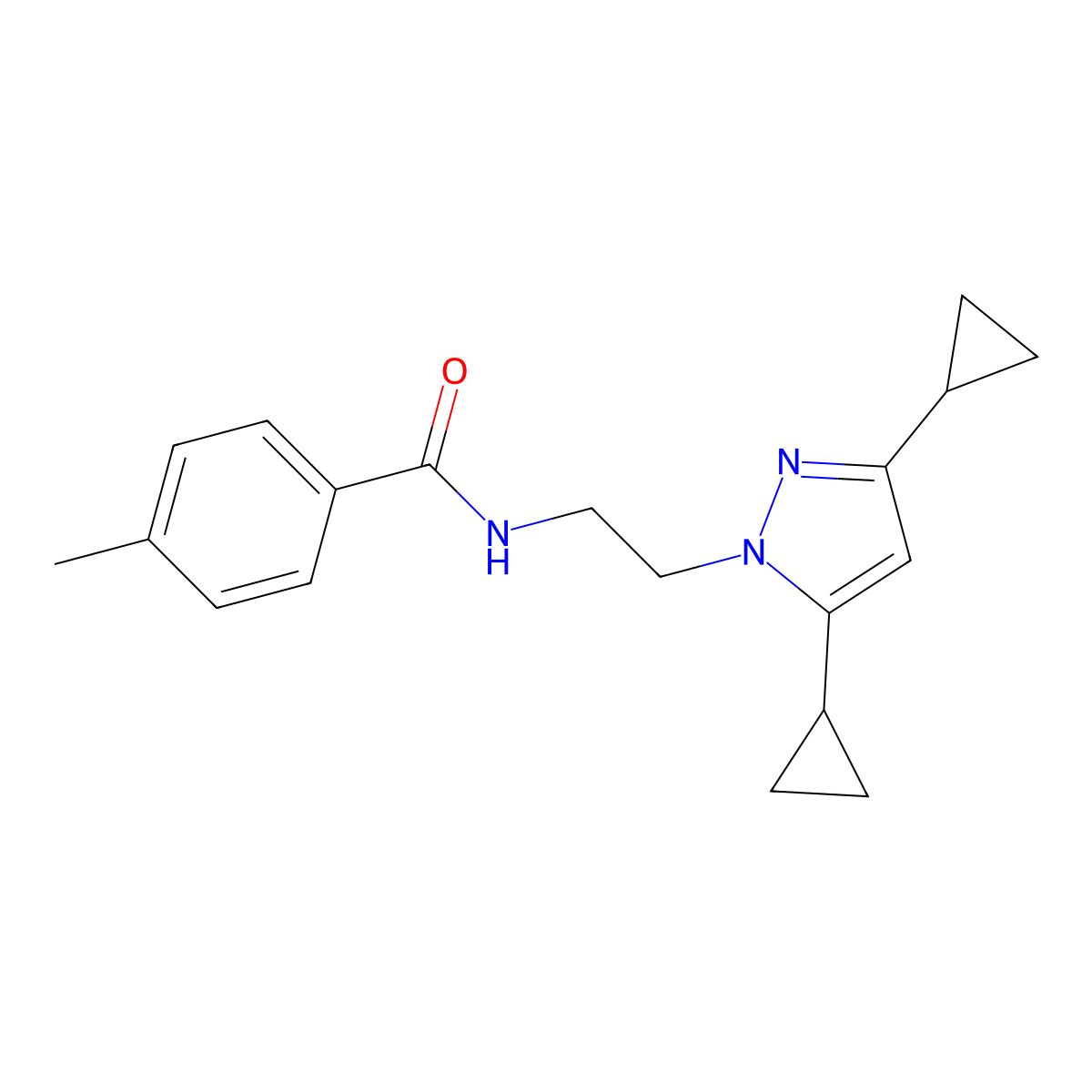 N-(2-(3,5-dicyclopropyl-1H-pyrazol-1-yl)ethyl)-4-methylbenzamide molecular structure, CAS 2320420-80-0