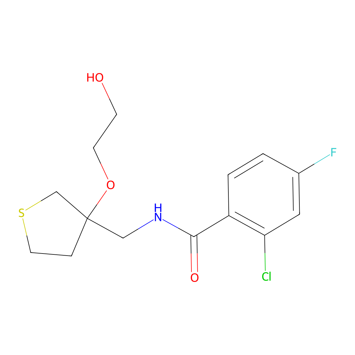 2-chloro-4-fluoro-N-{[3-(2-hydroxyethoxy)thiolan-3-yl]methyl}benzamide molecular structure, CAS 2320421-48-3