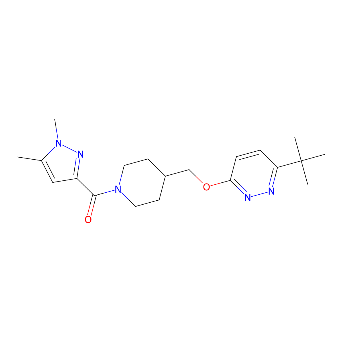 3-tert-butyl-6-{[1-(1,5-dimethyl-1H-pyrazole-3-carbonyl)piperidin-4-yl]methoxy}pyridazine molecular structure, CAS 2320422-00-0