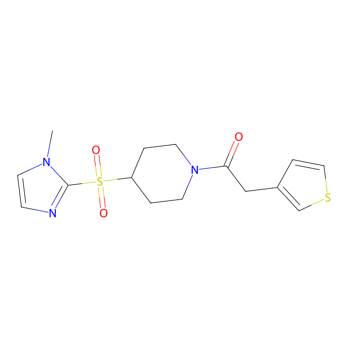 1-(4-((1-methyl-1H-imidazol-2-yl)sulfonyl)piperidin-1-yl)-2-(thiophen-3-yl)ethanone molecular structure, CAS 2320422-39-5