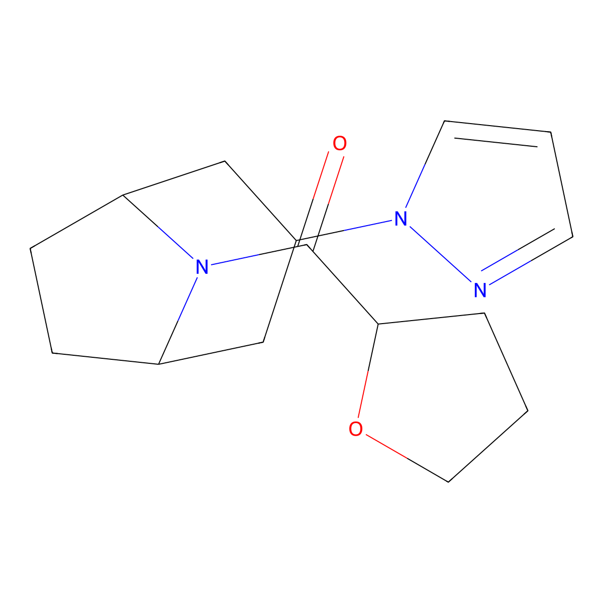 8-(oxolane-2-carbonyl)-3-(1H-pyrazol-1-yl)-8-azabicyclo[3.2.1]octane molecular structure, CAS 2320444-97-9
