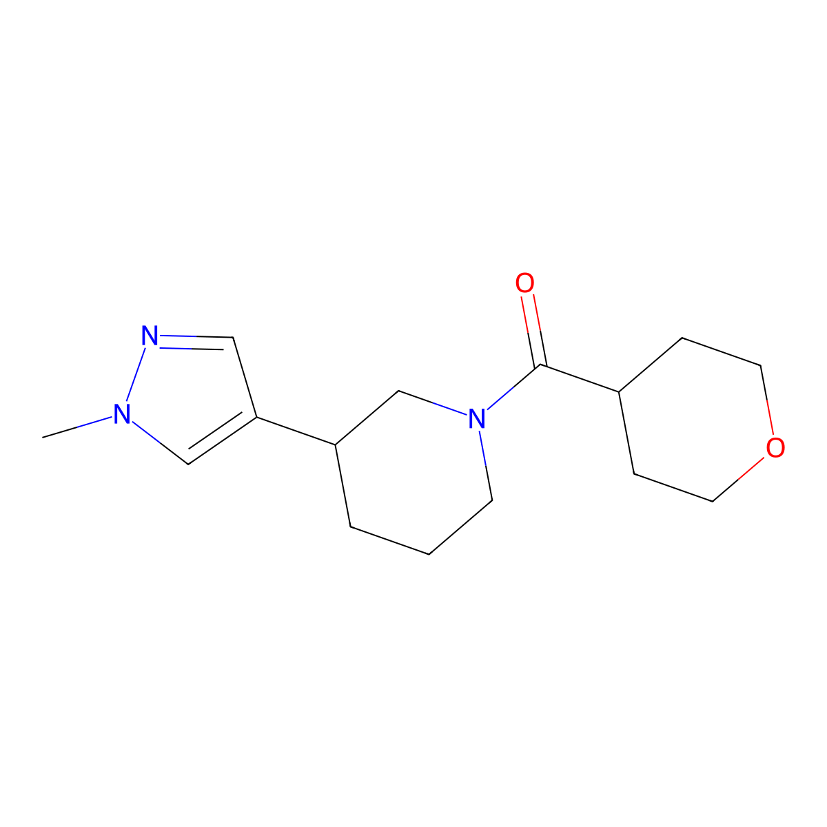 3-(1-methyl-1H-pyrazol-4-yl)-1-(oxane-4-carbonyl)piperidine molecular structure, CAS 2320445-02-9