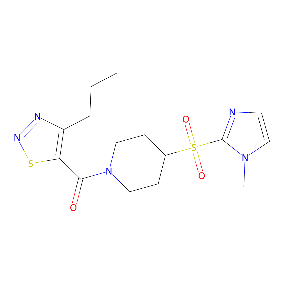 (4-((1-methyl-1H-imidazol-2-yl)sulfonyl)piperidin-1-yl)(4-propyl-1,2,3-thiadiazol-5-yl)methanone molecular structure, CAS 2320458-09-9