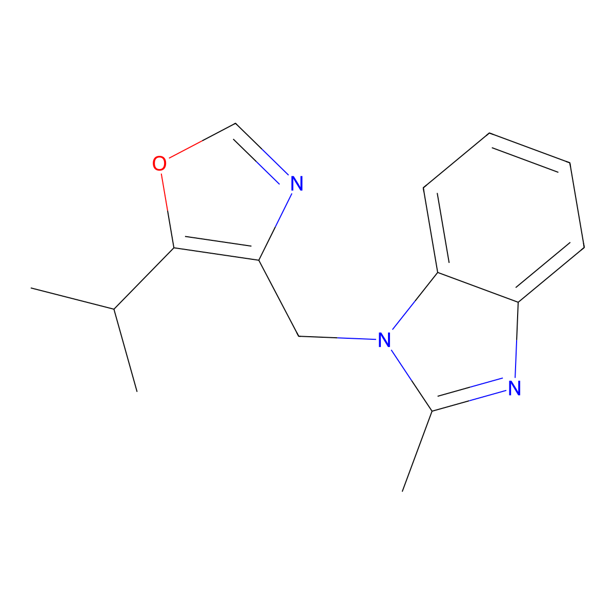 2-methyl-1-{[5-(propan-2-yl)-1,3-oxazol-4-yl]methyl}-1H-1,3-benzodiazole molecular structure, CAS 2320458-24-8