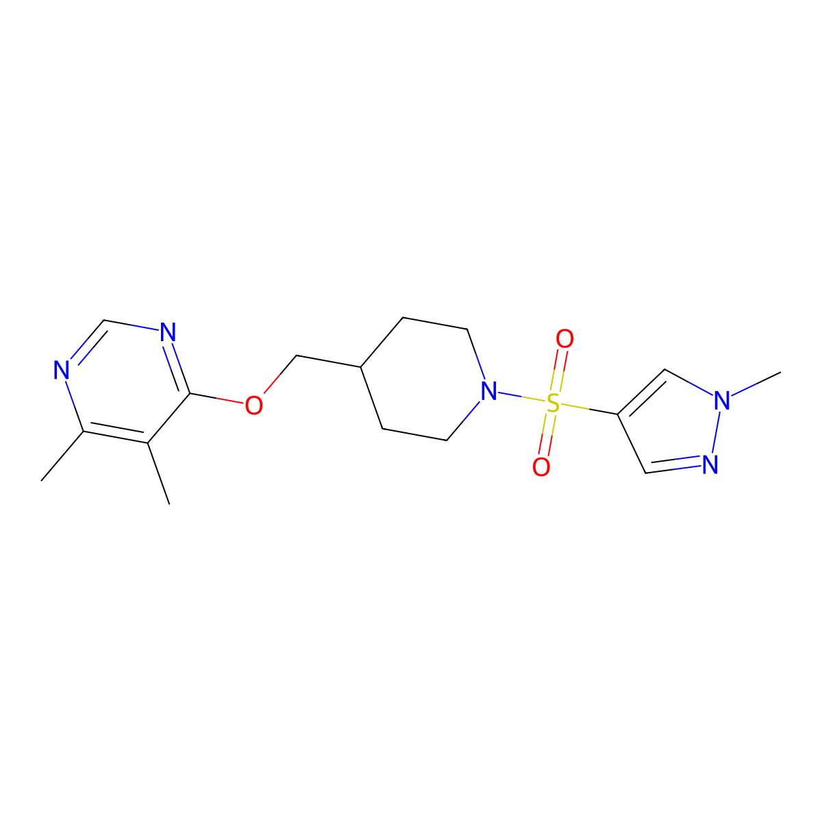 4,5-dimethyl-6-({1-[(1-methyl-1H-pyrazol-4-yl)sulfonyl]piperidin-4-yl}methoxy)pyrimidine molecular structure, CAS 2320458-75-9