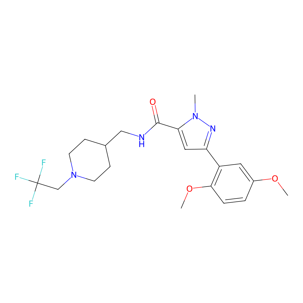 3-(2,5-dimethoxyphenyl)-1-methyl-N-{[1-(2,2,2-trifluoroethyl)piperidin-4-yl]methyl}-1H-pyrazole-5-carboxamide molecular structure, CAS 2320458-81-7