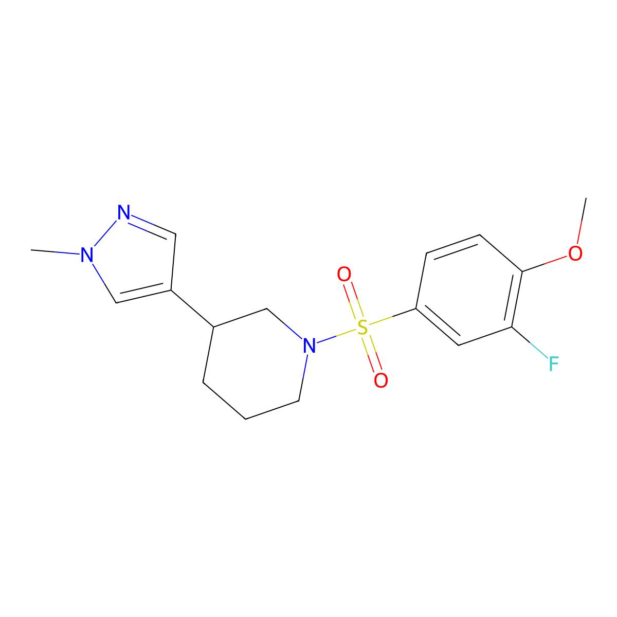 1-(3-fluoro-4-methoxybenzenesulfonyl)-3-(1-methyl-1H-pyrazol-4-yl)piperidine molecular structure, CAS 2320463-84-9