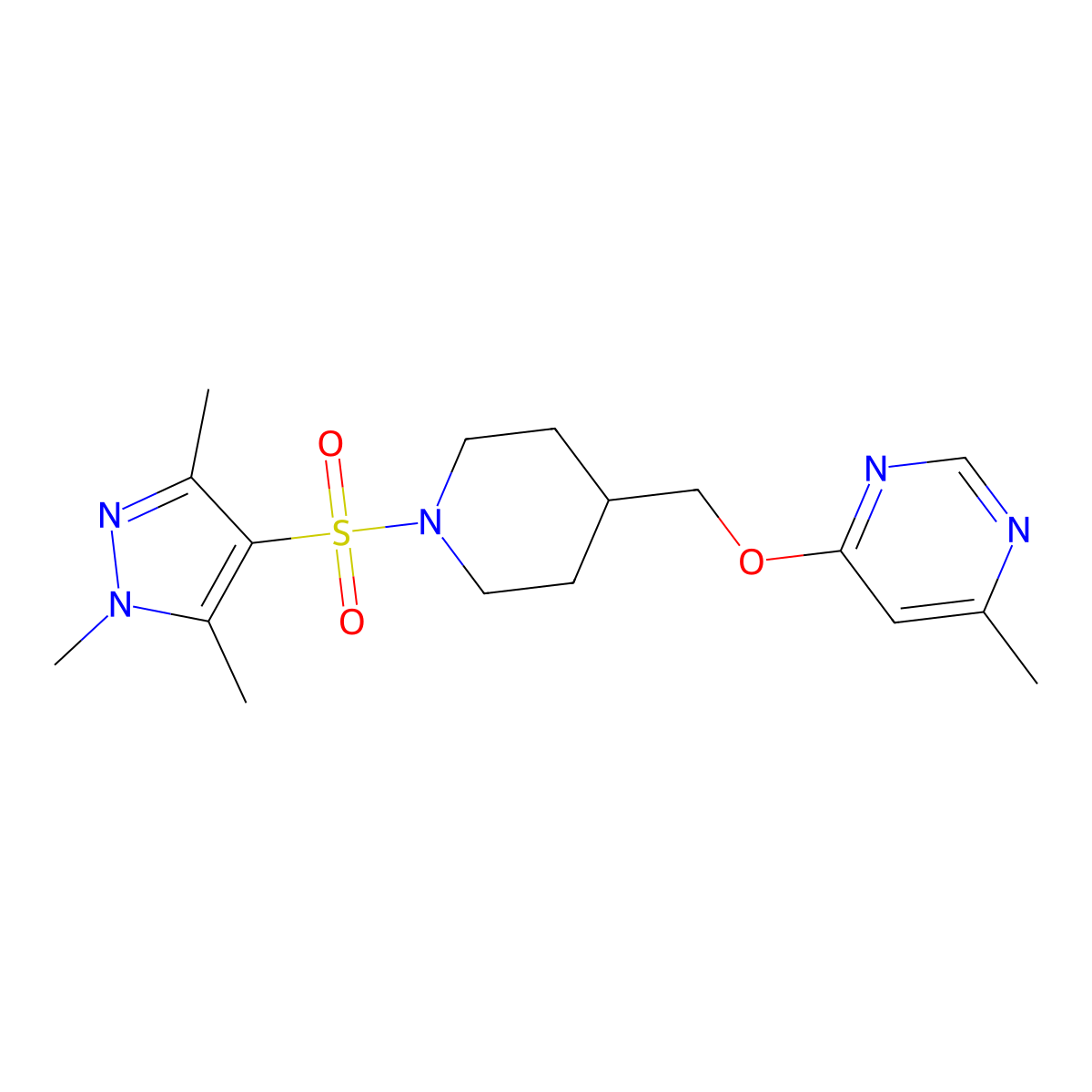 4-methyl-6-({1-[(1,3,5-trimethyl-1H-pyrazol-4-yl)sulfonyl]piperidin-4-yl}methoxy)pyrimidine molecular structure, CAS 2320464-13-7