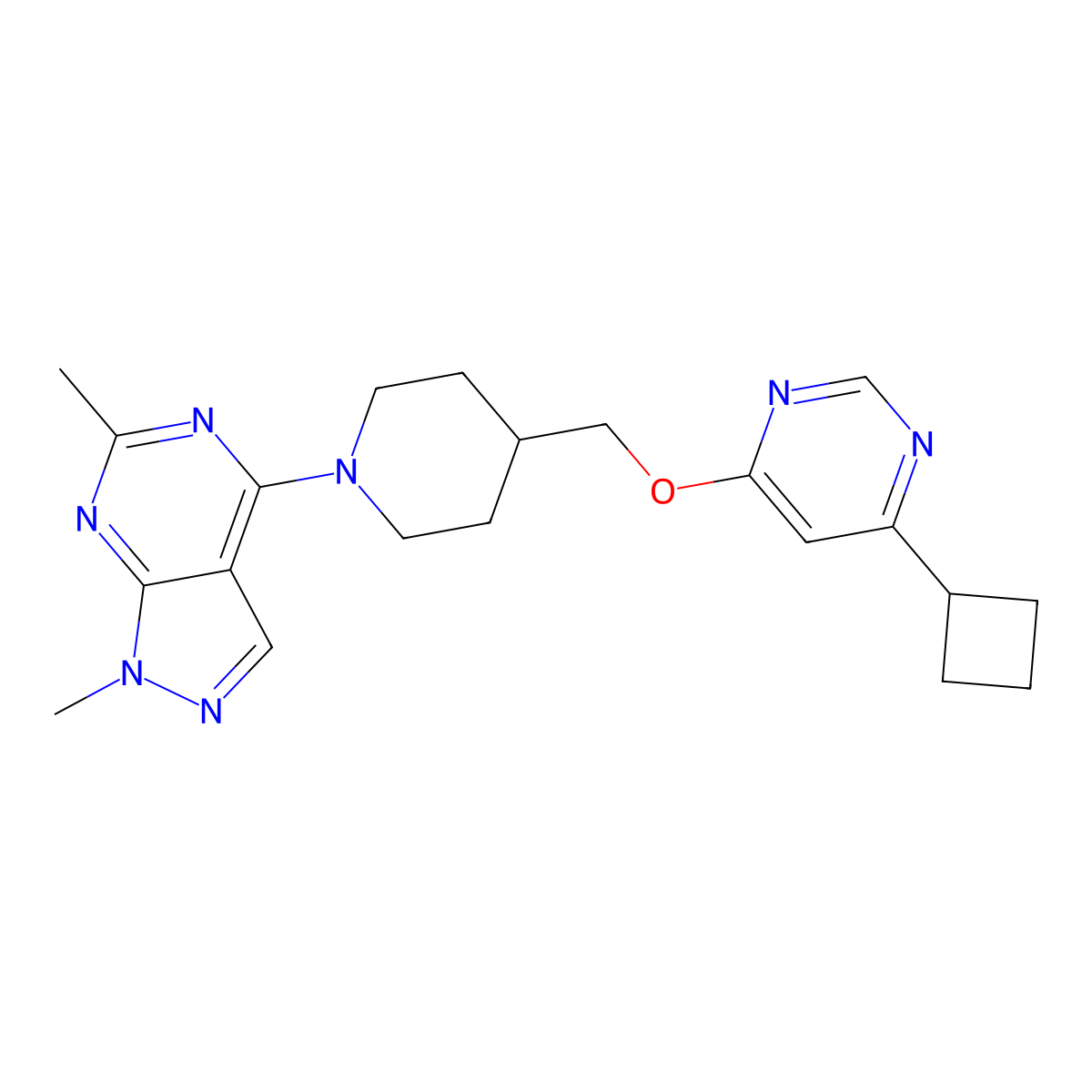 4-cyclobutyl-6-[(1-{1,6-dimethyl-1H-pyrazolo[3,4-d]pyrimidin-4-yl}piperidin-4-yl)methoxy]pyrimidine molecular structure, CAS 2320464-53-5