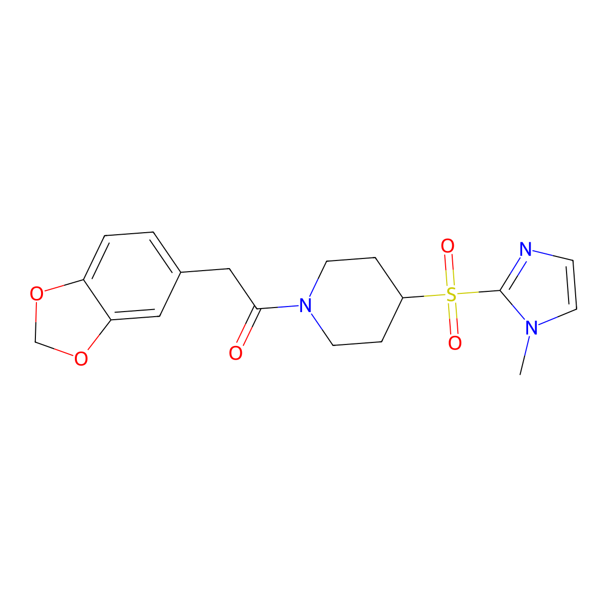 2-(benzo[d][1,3]dioxol-5-yl)-1-(4-((1-methyl-1H-imidazol-2-yl)sulfonyl)piperidin-1-yl)ethanone molecular structure, CAS 2320465-04-9