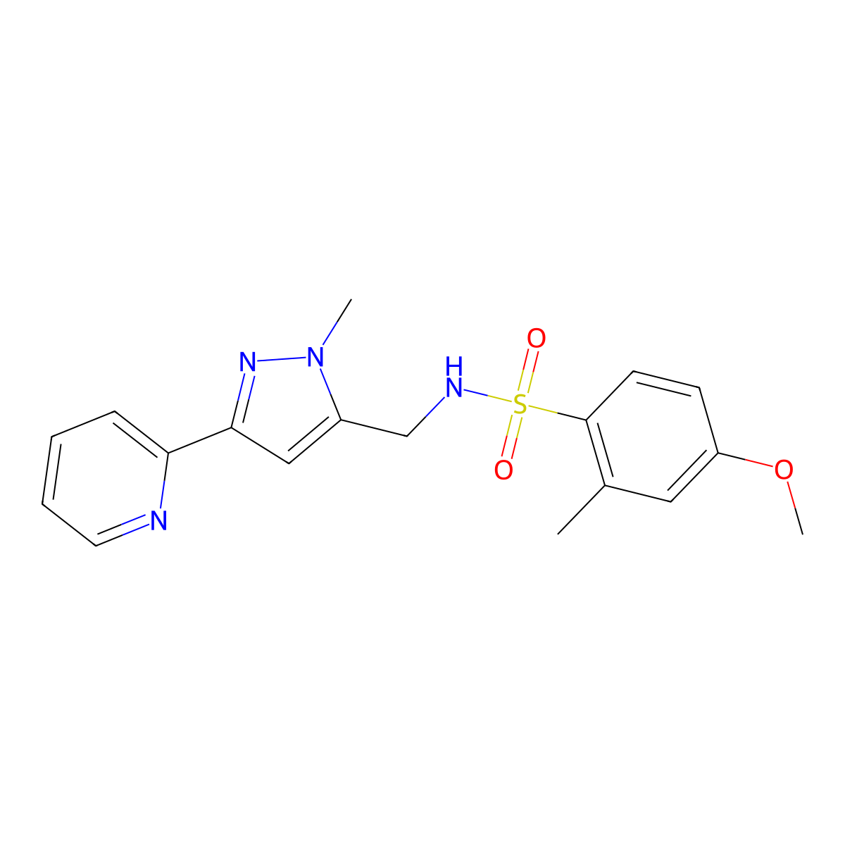 4-methoxy-2-methyl-N-{[1-methyl-3-(pyridin-2-yl)-1H-pyrazol-5-yl]methyl}benzene-1-sulfonamide molecular structure, CAS 2320465-09-4
