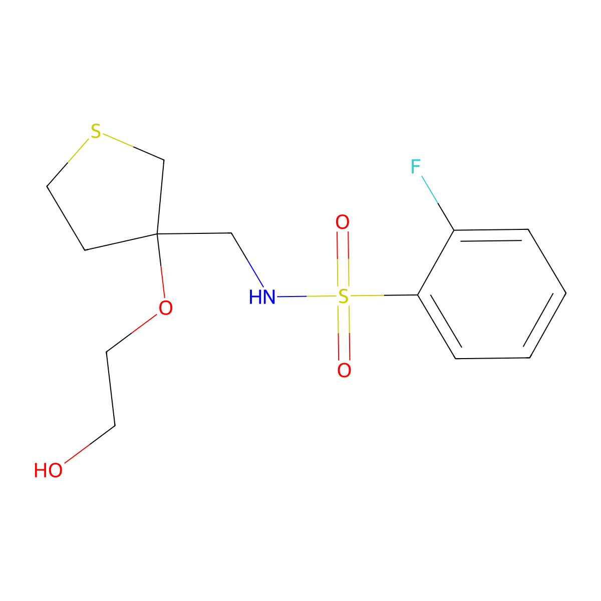 2-fluoro-N-((3-(2-hydroxyethoxy)tetrahydrothiophen-3-yl)methyl)benzenesulfonamide molecular structure, CAS 2320465-23-2