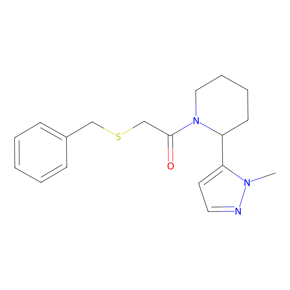 2-(benzylsulfanyl)-1-[2-(1-methyl-1H-pyrazol-5-yl)piperidin-1-yl]ethan-1-one molecular structure, CAS 2320466-28-0