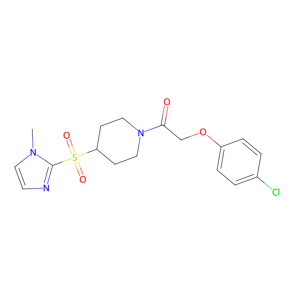 2-(4-chlorophenoxy)-1-(4-((1-methyl-1H-imidazol-2-yl)sulfonyl)piperidin-1-yl)ethanone molecular structure, CAS 2320466-57-5