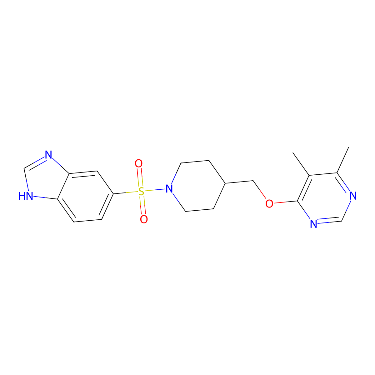 5-((4-(((5,6-dimethylpyrimidin-4-yl)oxy)methyl)piperidin-1-yl)sulfonyl)-1H-benzo[d]imidazole molecular structure, CAS 2320466-88-2