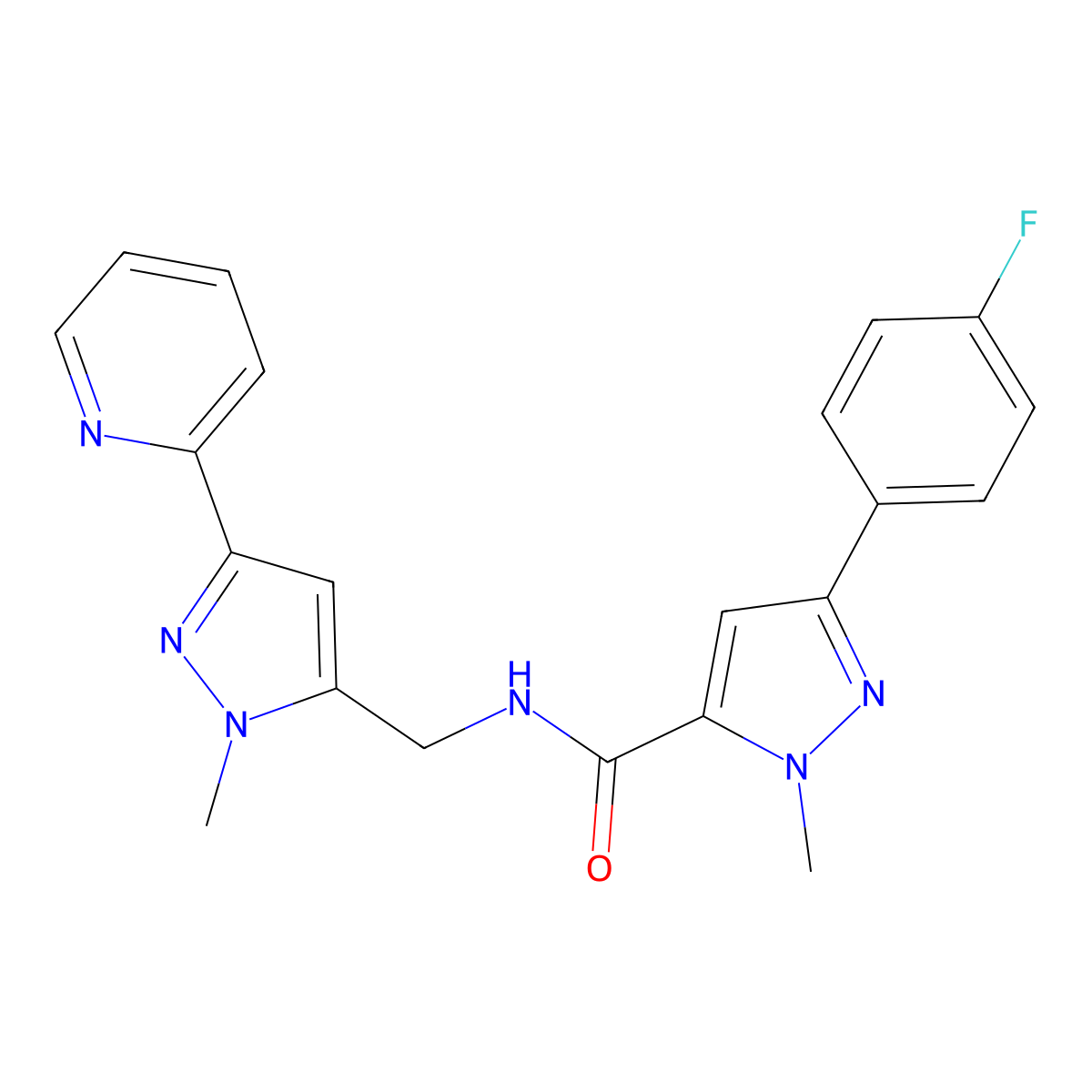 3-(4-fluorophenyl)-1-methyl-N-{[1-methyl-3-(pyridin-2-yl)-1H-pyrazol-5-yl]methyl}-1H-pyrazole-5-carboxamide molecular structure, CAS 2320467-06-7