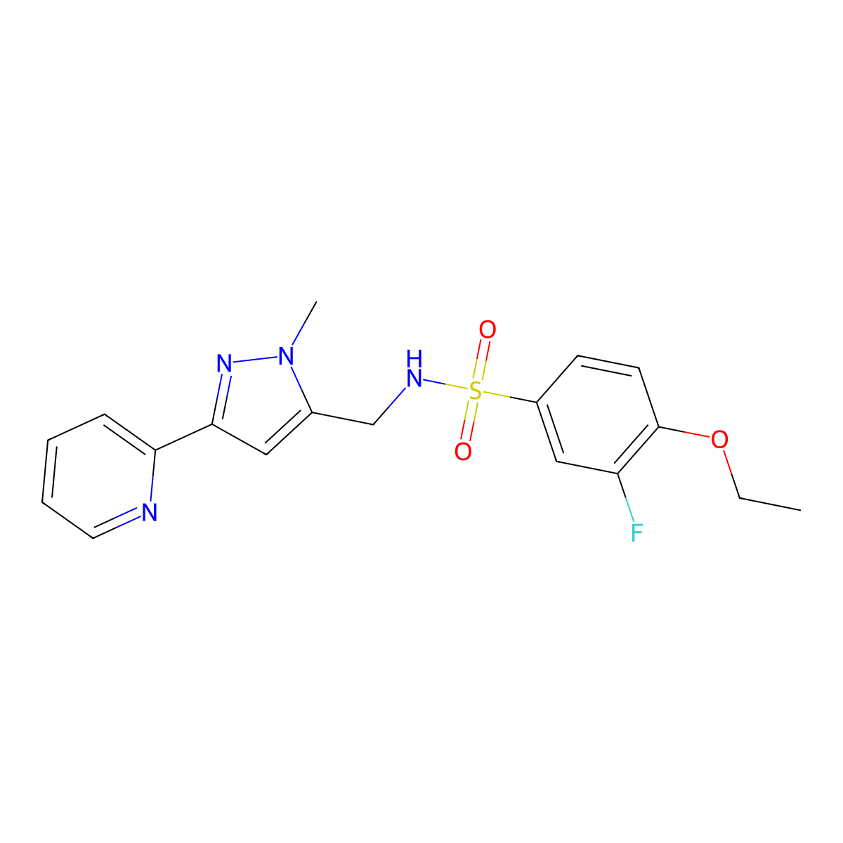 4-ethoxy-3-fluoro-N-{[1-methyl-3-(pyridin-2-yl)-1H-pyrazol-5-yl]methyl}benzene-1-sulfonamide molecular structure, CAS 2320468-28-6