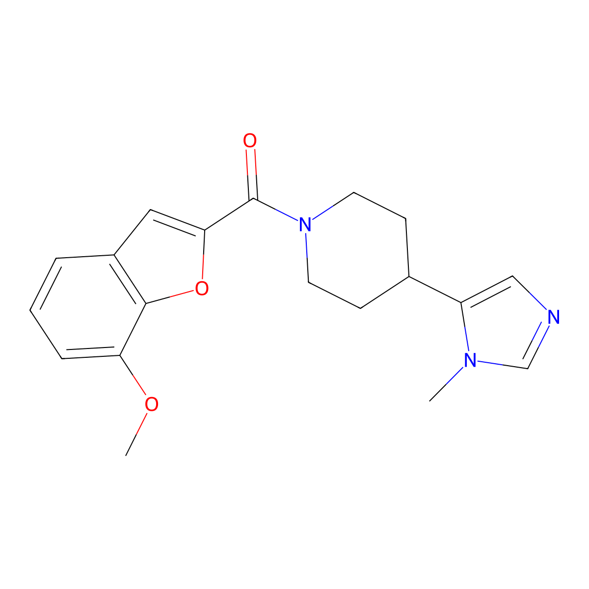 1-(7-methoxy-1-benzofuran-2-carbonyl)-4-(1-methyl-1H-imidazol-5-yl)piperidine molecular structure, CAS 2320468-36-6