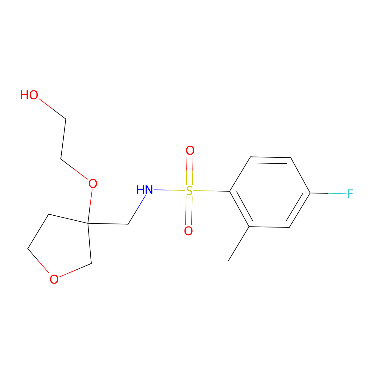 4-fluoro-N-((3-(2-hydroxyethoxy)tetrahydrofuran-3-yl)methyl)-2-methylbenzenesulfonamide molecular structure, CAS 2320468-87-7