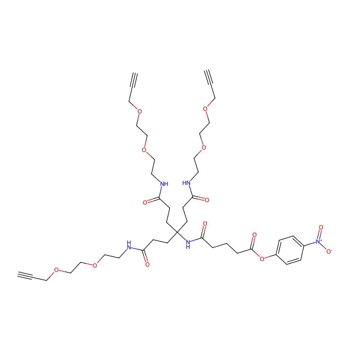 4-Nitrophenyl 11,16-dioxo-14,14-bis(3-oxo-3-((2-(2-(prop-2-yn-1-yloxy)ethoxy)ethyl)amino)propyl)-4,7-dioxa-10,15-diazaicos-1-yn-20-oate molecular structure, CAS 2320479-61-4